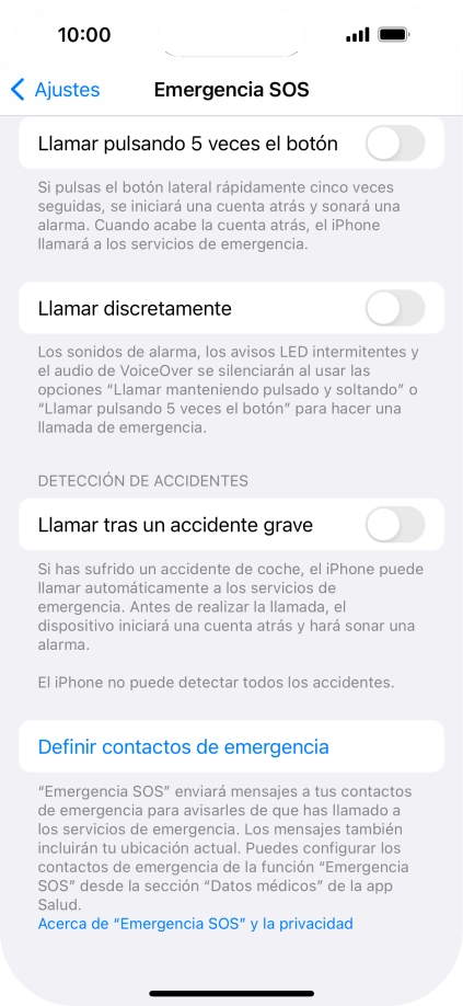 Pulsa Definir contactos de emergencia y sigue las indicaciones de la pantalla para insertar la información y tus contactos de emergencia.