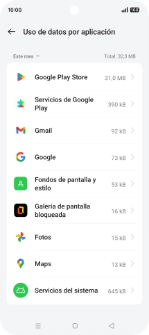 El consumo de datos por cada aplicación aparece bajo el nombre de la aplicación.