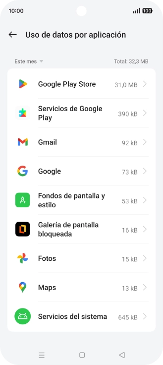El consumo de datos por cada aplicación aparece bajo el nombre de la aplicación.