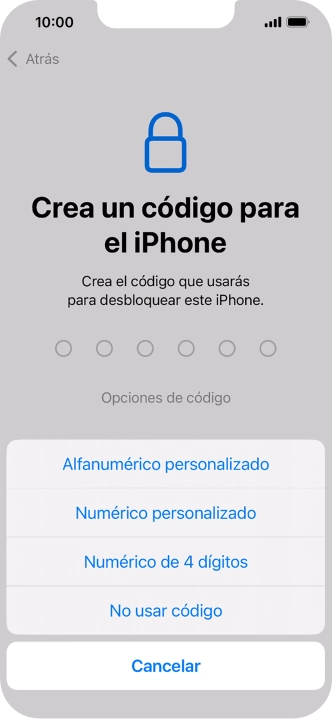 Sigue las indicaciones de la pantalla para activar el uso del código de seguridad o pulsa No usar código.