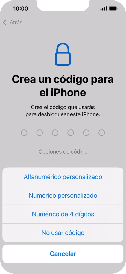 Sigue las indicaciones de la pantalla para activar el uso del código de seguridad o pulsa No usar código.
