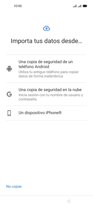 Pulsa el ajuste deseado y sigue las instrucciones de la pantalla para transferir el contenido del otro teléfono.