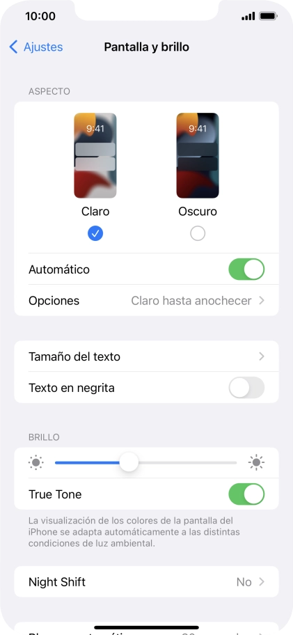 Si activas la función, pulsa Opciones y sigue las indicaciones de la pantalla para seleccionar el período de tiempo que debe durar el Modo Oscuro.