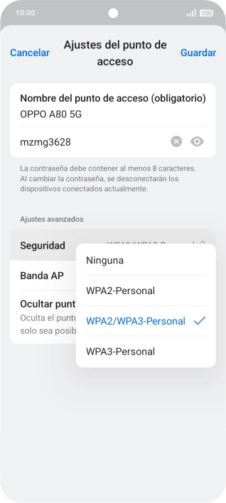 Pulsa WPA3-Personal para proteger la conexión wifi con una contraseña.