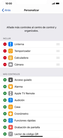 Pulsa el icono de eliminar junto a la función deseada para eliminarla del Centro de control.