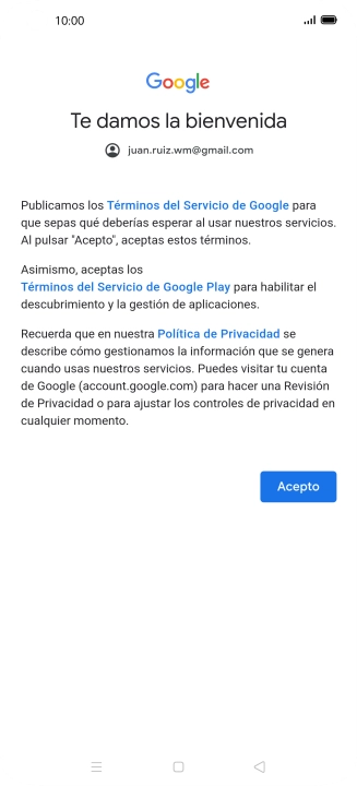 Pulsa Acepto y sigue las indicaciones de la pantalla para seleccionar los ajustes de tu cuenta de Google.