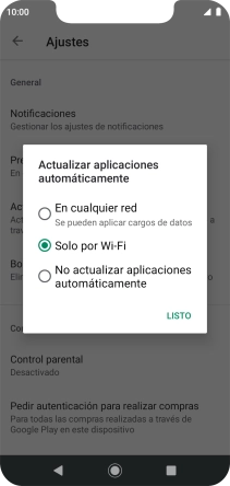 Para activar la actualización automática de apps utilizando la red móvil, pulsa En cualquier red.