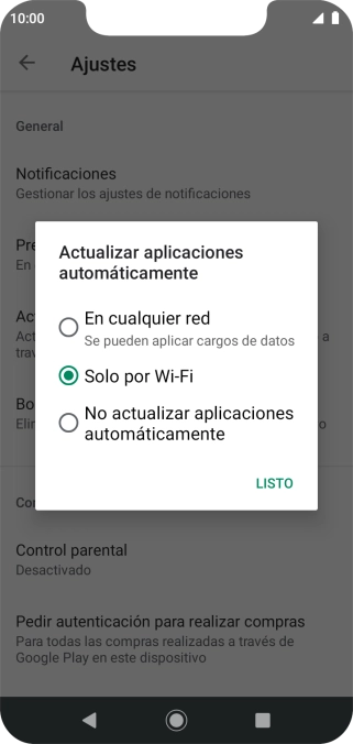 Para activar la actualización automática de apps utilizando la red móvil, pulsa En cualquier red.