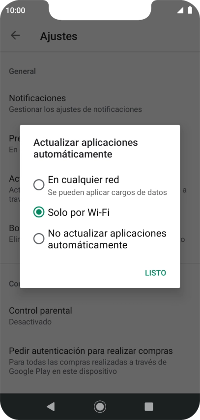 Para activar la actualización automática de apps utilizando la red móvil, pulsa En cualquier red.