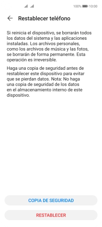 Pulsa RESTABLECER. Espera unos instantes mientras el teléfono restablece la configuración predeterminada. Sigue las indicaciones de la pantalla para configurar el teléfono y dejarlo listo para su uso.