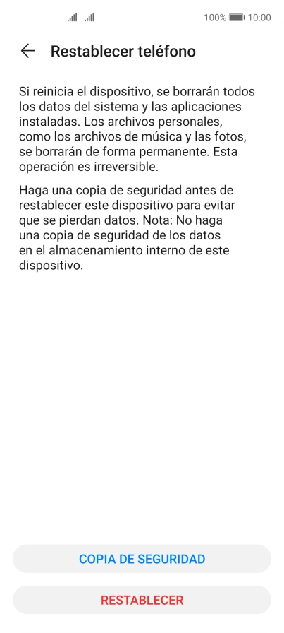 Pulsa RESTABLECER. Espera unos instantes mientras el teléfono restablece la configuración predeterminada. Sigue las indicaciones de la pantalla para configurar el teléfono y dejarlo listo para su uso.