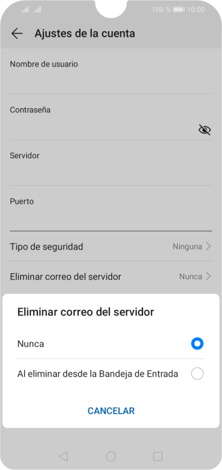 Pulsa Nunca para conservar los correos electrónicos en el servidor cuando los borras del teléfono.