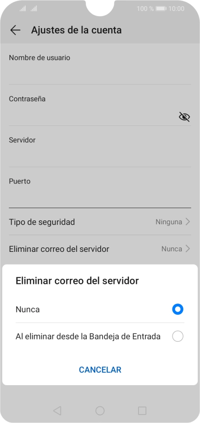 Pulsa Nunca para conservar los correos electrónicos en el servidor cuando los borras del teléfono.