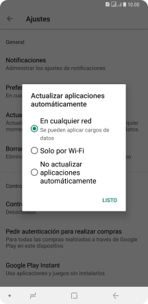 Para activar la actualización automática de apps utilizando la red móvil, pulsa En cualquier red. Se pueden aplicar cargos de datos.
