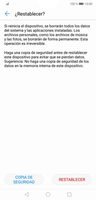 Pulsa RESTABLECER. Espera unos instantes mientras el teléfono restablece la configuración predeterminada. Sigue las indicaciones de la pantalla para configurar el teléfono y dejarlo listo para su uso.