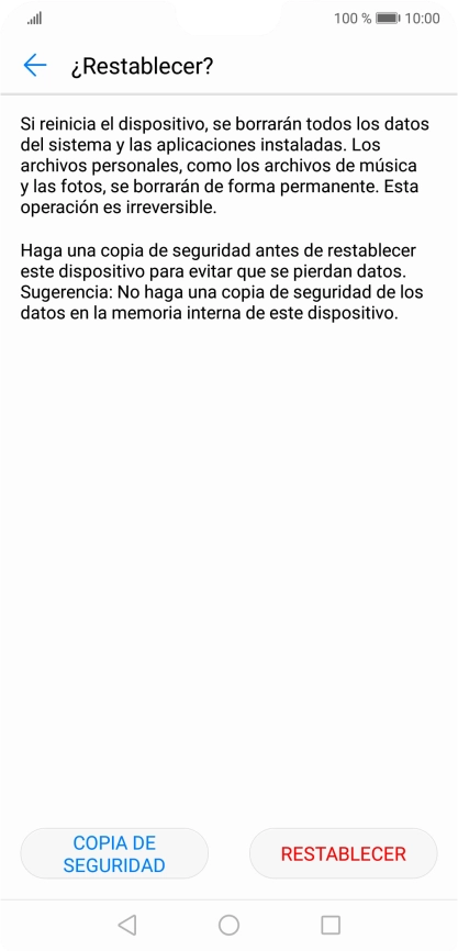 Pulsa RESTABLECER. Espera unos instantes mientras el teléfono restablece la configuración predeterminada. Sigue las indicaciones de la pantalla para configurar el teléfono y dejarlo listo para su uso.