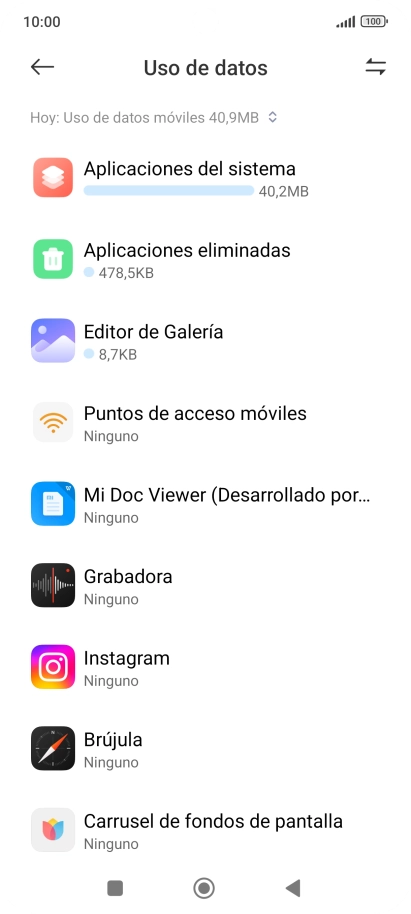 El consumo de datos por cada aplicación aparece bajo el nombre de la aplicación.