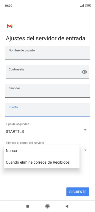 Pulsa Nunca para conservar los correos electrónicos en el servidor cuando los borras del teléfono.