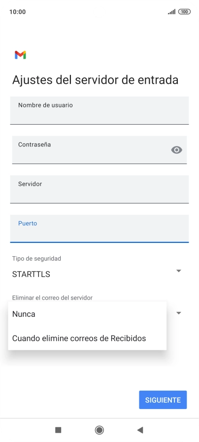 Pulsa Nunca para conservar los correos electrónicos en el servidor cuando los borras del teléfono.