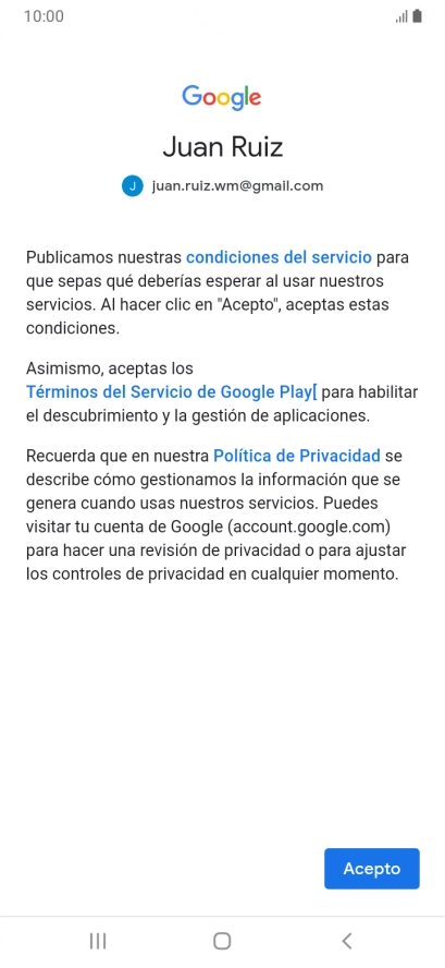 Pulsa Acepto y sigue las indicaciones de la pantalla para seleccionar los ajustes de tu cuenta de Google.