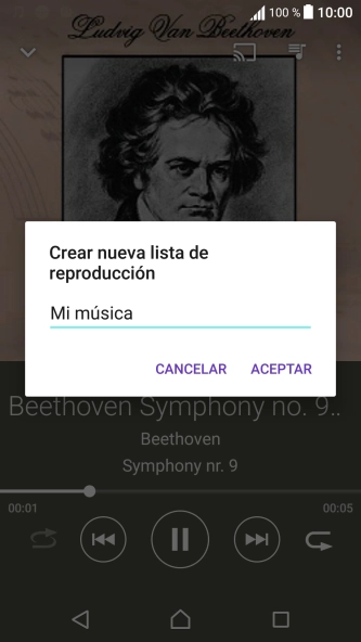 Introduce el nombre deseado de la lista de reproducción y pulsa ACEPTAR.