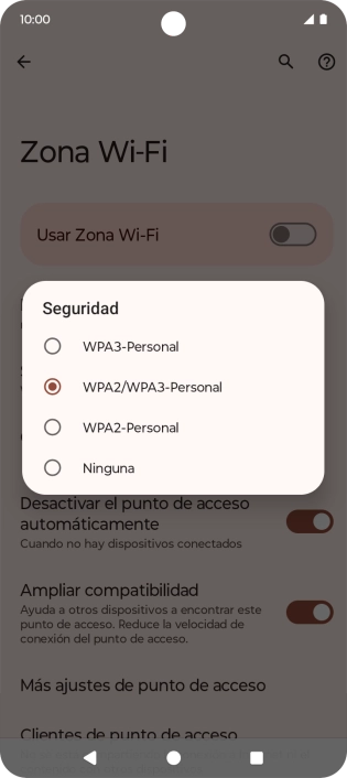 Pulsa WPA3-Personal para proteger la conexión wifi con una contraseña.