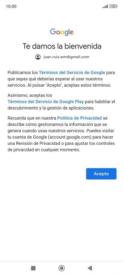 Pulsa Acepto y sigue las indicaciones de la pantalla para seleccionar los ajustes de tu cuenta de Google.