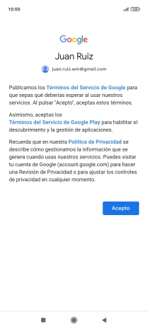 Pulsa Acepto y sigue las indicaciones de la pantalla para seleccionar los ajustes de tu cuenta de Google.