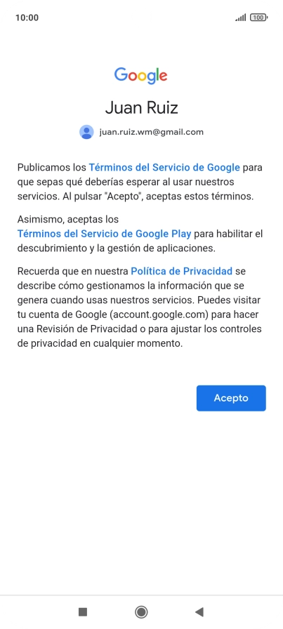 Pulsa Acepto y sigue las indicaciones de la pantalla para seleccionar los ajustes de tu cuenta de Google.