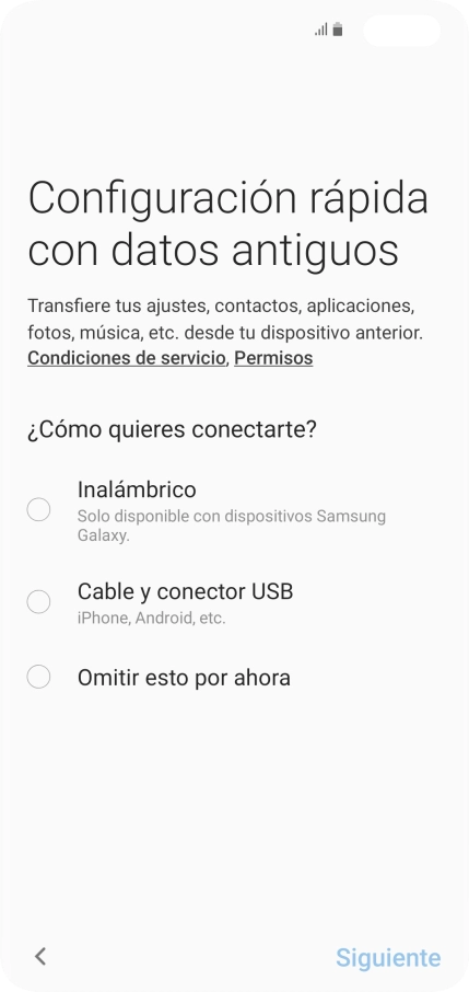 Puedes transferir el contenido de otro teléfono cuando activas tu teléfono por primera vez y cuando lo has restablecido. Cuando aparezca en la pantalla del teléfono esta imagen, ya está listo para la transmisión del contenido del otro teléfono.