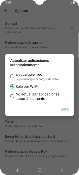 Para activar la actualización automática de apps utilizando la red móvil, pulsa En cualquier red.