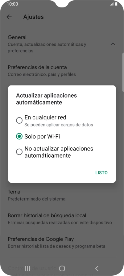 Para activar la actualización automática de apps utilizando la red móvil, pulsa En cualquier red.