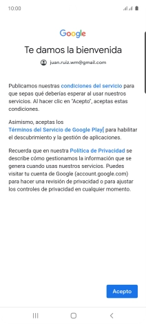 Pulsa Acepto y sigue las indicaciones de la pantalla para seleccionar los ajustes de tu cuenta de Google.