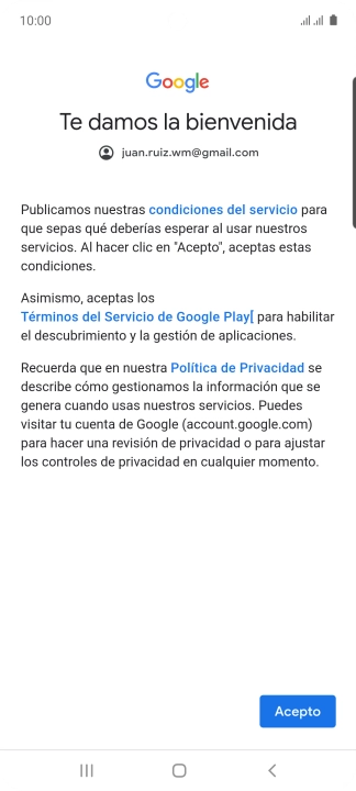 Pulsa Acepto y sigue las indicaciones de la pantalla para seleccionar los ajustes de tu cuenta de Google.