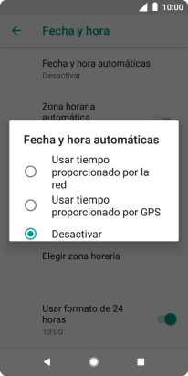 Pulsa Usar tiempo proporcionado por la red para activar la función.