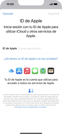 Si no tienes un ID de Apple, pulsa ¿No tienes un ID de Apple o lo has olvidado? y sigue las indicaciones de la pantalla para ver cómo crear un ID de Apple.