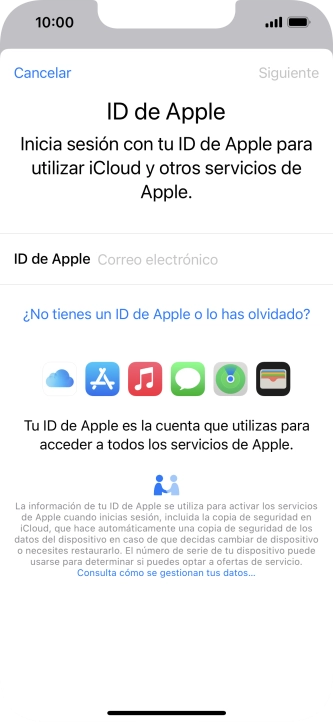 Si no tienes un ID de Apple, pulsa ¿No tienes un ID de Apple o lo has olvidado? y sigue las indicaciones de la pantalla para ver cómo crear un ID de Apple.