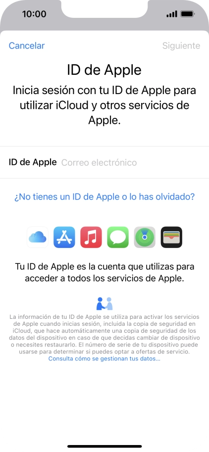 Si no tienes un ID de Apple, pulsa ¿No tienes un ID de Apple o lo has olvidado? y sigue las indicaciones de la pantalla para ver cómo crear un ID de Apple.