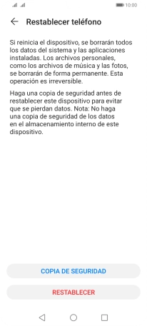 Pulsa RESTABLECER. Espera unos instantes mientras el teléfono restablece la configuración predeterminada. Sigue las indicaciones de la pantalla para configurar el teléfono y dejarlo listo para su uso.