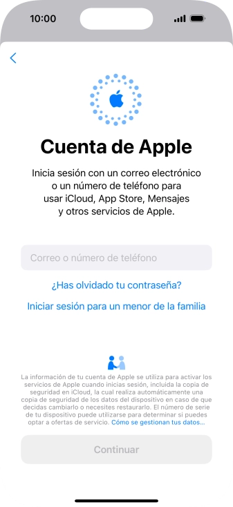 Pulsa Correo o número de teléfono e introduce el nombre de usuario de tu ID de Apple.
