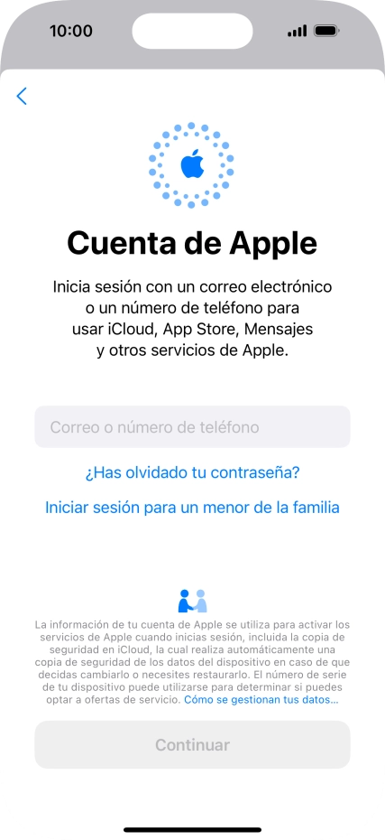 Pulsa Correo o número de teléfono e introduce el nombre de usuario de tu ID de Apple.