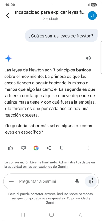 La transcripción de la conversación con Gemini Live aparece ahora en la pantalla.