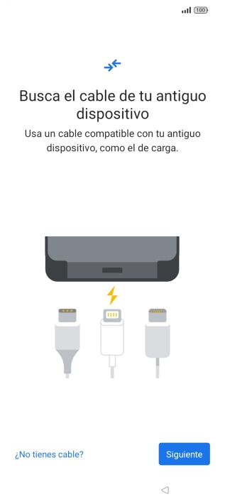 Si tienes un cable que pueda conectar ambos teléfonos, inserta el cable y sigue las instrucciones de la pantalla para transferir contenido a tu teléfono. Si no tienes un cable, pulsa ¿No tienes cable?.
