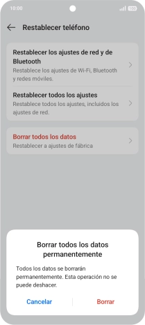 Pulsa Borrar. Espera unos instantes mientras el teléfono restablece la configuración predeterminada. Sigue las indicaciones de la pantalla para configurar el teléfono y dejarlo listo para su uso.