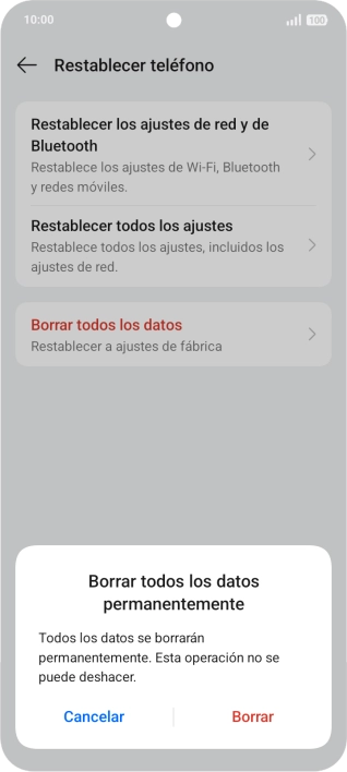 Pulsa Borrar. Espera unos instantes mientras el teléfono restablece la configuración predeterminada. Sigue las indicaciones de la pantalla para configurar el teléfono y dejarlo listo para su uso.