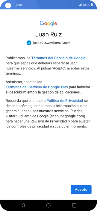 Pulsa Acepto y sigue las indicaciones de la pantalla para seleccionar los ajustes de tu cuenta de Google.