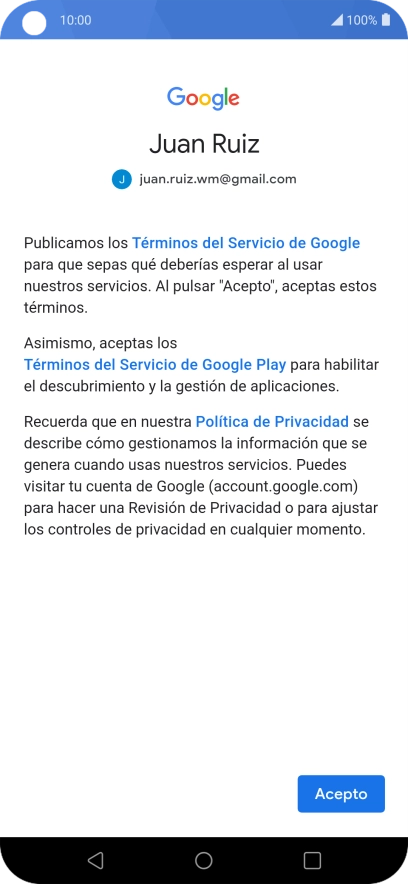 Pulsa Acepto y sigue las indicaciones de la pantalla para seleccionar los ajustes de tu cuenta de Google.