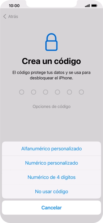 Sigue las indicaciones de la pantalla para activar el uso del código de seguridad o pulsa No usar código.
