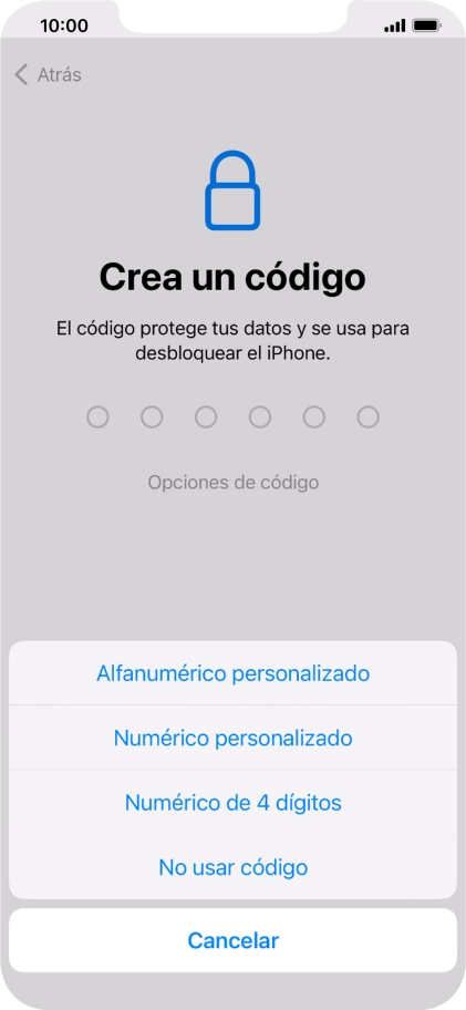 Sigue las indicaciones de la pantalla para activar el uso del código de seguridad o pulsa No usar código.