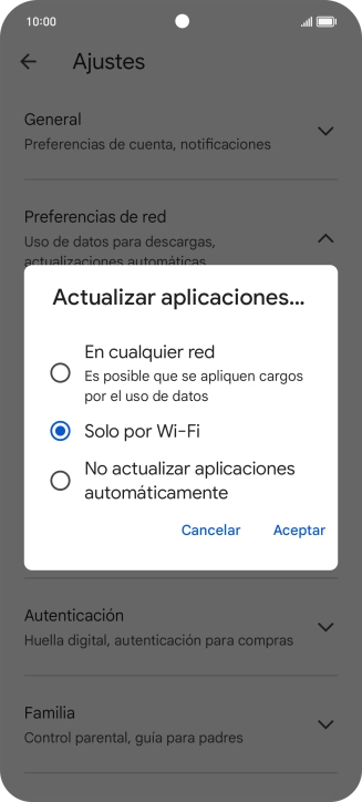 Para activar la actualización automática de apps utilizando la red móvil, pulsa En cualquier red.